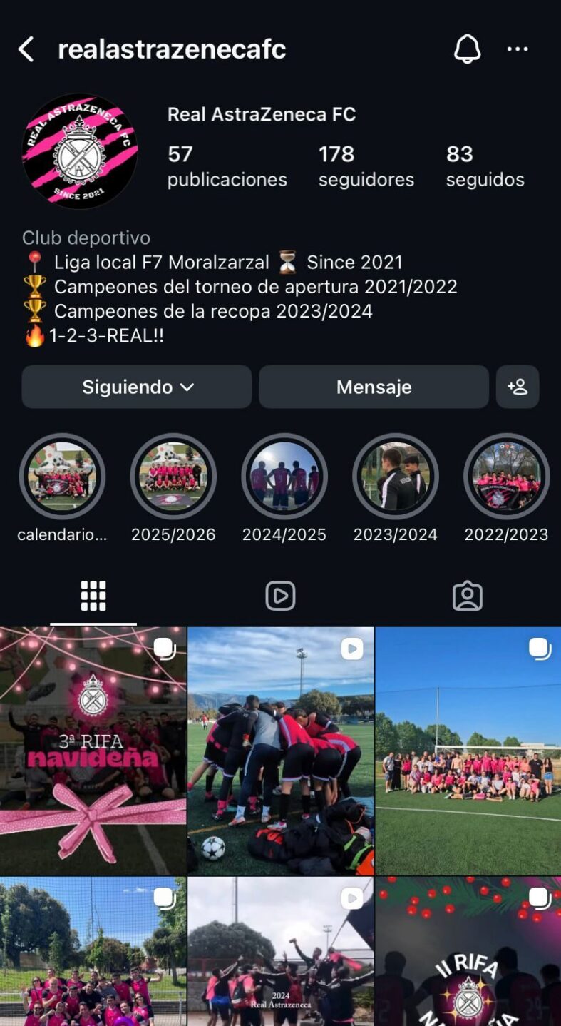 Instagram del equipo amateur, Real Astrazeneca